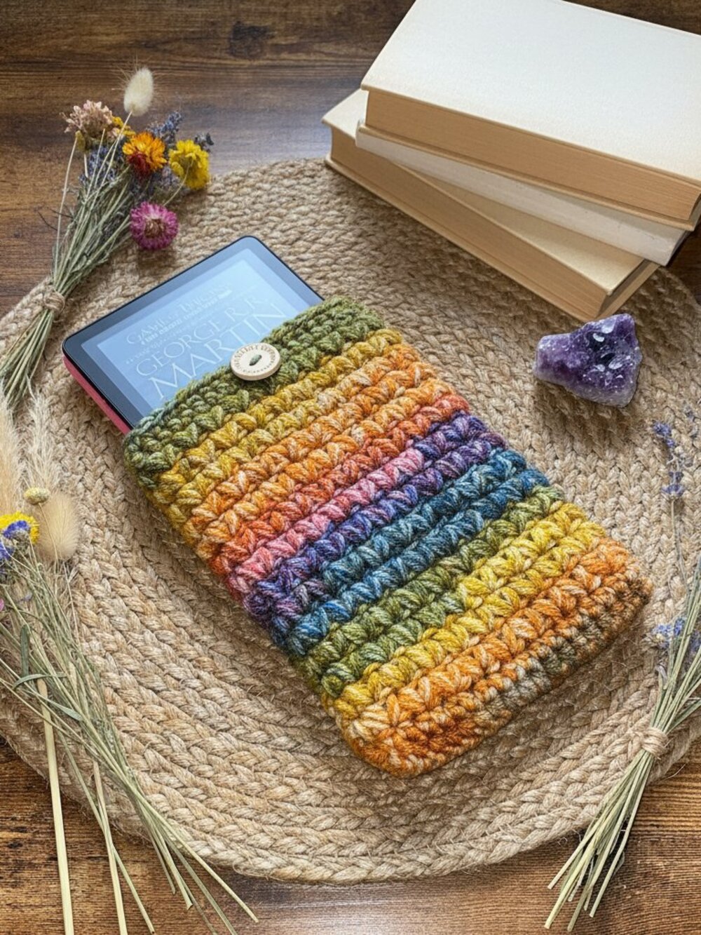 Kindle Paperwhite Sleeve — Boho Rainbow Crochet E-Reader & Paperback Book Cover